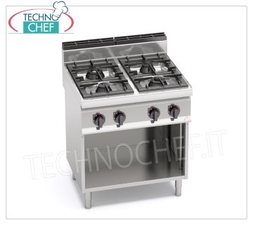TECHNOCHEF - 4 BURNERS GAS COOKER on OPEN CABINET, Kw.28,00, Mod.G7F4MP 4 BURNERS GAS COOKER on OPEN CABINET, BERTO'S, MACROS 700 Line, MAX POWER Series, thermal power Kw.28,00, Weight 65 Kg, dim.mm.800x700x900h