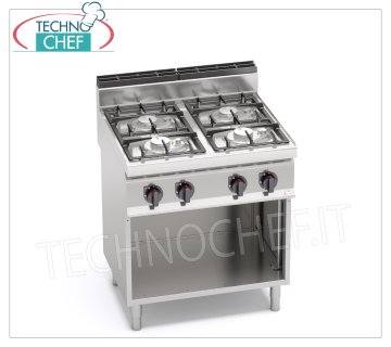 TECHNOCHEF - 4 BURNERS GAS COOKER on OPEN CABINET, Kw.21,5, Mod.G7F4MPW 4 BURNERS GAS COOKER on OPEN CABINET, BERTO'S, MACROS 700 Line, ECO POWER Series, thermal power Kw.21,5, Weight 52 Kg, dim.mm.800x700x900h