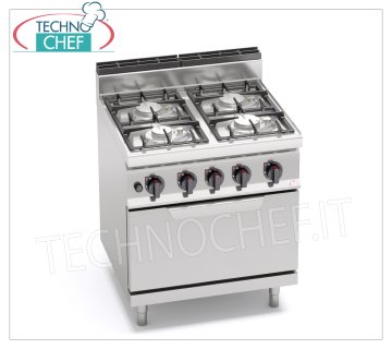 TECHNOCHEF - 4 BURNERS GAS COOKER on GAS OVEN GN 2/1, Kw.29,3, Mod.G7F4PW+FG 4 BURNERS GAS RANGE on GAS OVEN GN 2/1, BERTO'S, MACROS 700 Line, ECO POWER Series, total thermal power. Kw 29,3, Weight 80 Kg, dim.mm.800x700x900h