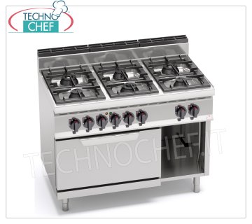 TECHNOCHEF - GAS COOKER 6 BURNERS on ELECTRIC OVEN GN 2/1, Kw.31,5+7,5, Mod.G7F6+FE GAS COOKER 6 BURNERS on ELECTRIC OVEN GN 2/1, BERTOS, MACROS 700 line, HIGH POWER series, thermal power 31.5 kW + electrical power 7.5 kW, weight 126 kg, dim.mm.1200x700x900h
