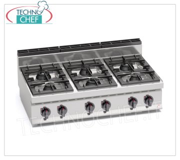 TECHNOCHEF - GAS COOKER 6 BURNERS TOP, Kw.42, Mod.G7F6BP 6 BURNERS GAS COOKER TOP, BERTO'S, MACROS 700 Line, MAX POWER Series, thermal power Kw.42,00, Weight 67 Kg, dim.mm.1200x700x290h