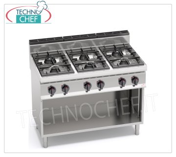TECHNOCHEF - 6 BURNERS GAS COOKER on OPEN CABINET, Kw.42, Mod.G7F6MP 6 BURNERS GAS COOKER on OPEN CABINET, BERTO'S, MACROS 700 Line, MAX POWER Series, thermal power Kw.42,00, Weight 78 Kg, dim.mm.1200x700x900h