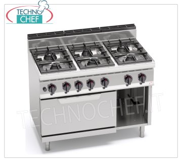 TECHNOCHEF - GAS COOKER 6 BURNERS on GAS OVEN GN 2/1, Kw.49,8 Mod.G7F6P+FG GAS COOKER 6 BURNERS on GN 2/1 GAS OVEN, BERTOS, MACROS 700 line, MAX POWER series, total heat output. Kw 49.8, Weight 126 Kg, dim.mm.1200x700x900h
