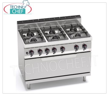 TECHNOCHEF - GAS COOKER 6 BURNERS on GAS OVEN, Kw.54, Mod.G7F6P+T GAS COOKER 6 BURNERS on GAS OVEN, BERTOS, MACROS 700 line, MAX POWER series, total heat output. Kw 54.00, Weight 140 Kg, dim.mm.1200x700x900h
