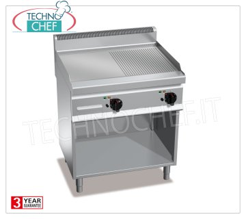 GAS FRY TOP, 1/2 RIBBED and 1/2 SMOOTH MULTIPAN PLATE, on CABINET, mod.G7FM8M-2 GAS FRY TOP with 1/2 SMOOTH and 1/2 RIBBED PLATE, BERTOS, MACROS 700 Line, MULTIPAN Series, DOUBLE module on OPEN CABINET with 795x500 mm COOKING ZONE, INDEPENDENT CONTROLS, heat output Kw.13.8, Weight 88 Kg, dim.mm.800x700x900h