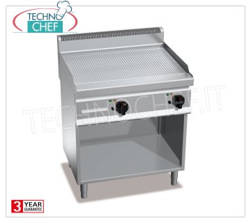 GAS FRY TOP with MULTIPAN STRIPED PLATE, on CABINET, mod.G7FR8M-2 GAS FRY TOP with STRIPED PLATE, BERTOS, MACROS 700 Line, MULTIPAN Series, DOUBLE module on OPEN CABINET with 795x500 mm COOKING ZONE, INDEPENDENT CONTROLS, heat output Kw.13.8, Weight 88 Kg, dim.mm.800x700x900h