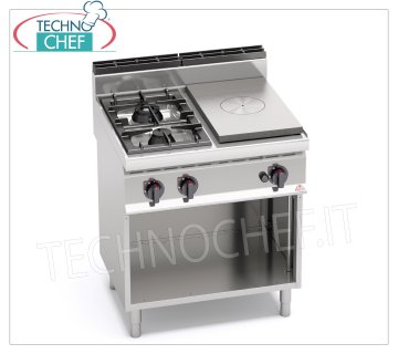 TECHNOCHEF - COMBINED COOKER with PLATE and 2 BURNERS on OPEN CABINET, Kw.17,5, Mod.G7T4P2FM COMBINED RANGE with GAS PLATE and 2 BURNERS on OPEN CABINET, BERTOS, MACROS 700 Line, HIGH POWER Series, thermal power Kw 17,5, Weight 85 Kg, dim.mm.800x700x900h