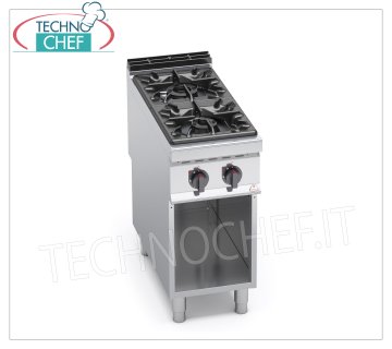 TECHNOCHEF - 2 BURNERS GAS COOKER on OPEN CABINET, mod. G9F2M 2 BURNERS GAS COOKER on OPEN CABINET, BERTOS MAXIMA 900 Line, HIGH POWER Series, thermal power Kw.19,00, Weight 59 Kg, dim.mm.400x900x900h