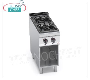 TECHNOCHEF - 2 BURNERS GAS COOKER on OPEN CABINET, mod. G9F2M GAS STOVE 2 BURNERS on OPEN CABINET, BERTOS MAXIMA 900 line, HIGH POWER Series, thermal power Kw.19,00, Weight 59 Kg, dim.mm.400x900x900h