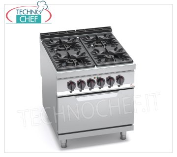 TECHNOCHEF - 4 BURNERS GAS COOKER on ELECTRIC OVEN GN 2/1, mod. G9F4+FE 4 BURNERS GAS RANGE on ELECTRIC OVEN GN 2/1, BERTOS MAXIMA 900 Line, HIGH POWER Series, thermal power Kw 34,5 + Kw 7,5, Weight 158 Kg, dim.mm.800x900x900h