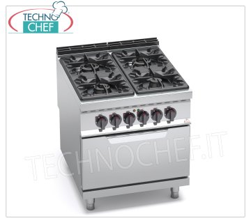 TECHNOCHEF - 4 BURNERS GAS COOKER on GN 2/1 ELECTRIC OVEN, mod. G9F4+FE GAS COOKER 4 BURNERS on ELECTRIC OVEN GN 2/1, BERTOS MAXIMA 900 line, HIGH POWER series, thermal power 34.5 kW + 7.5 kW, weight 158 ​​Kg, dim.mm.800x900x900h