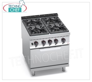 TECHNOCHEF - 4 BURNERS GAS COOKER on GN 2/1 GAS OVEN, mod. G9F4+FG GAS RANGE 4 BURNERS on GN 2/1 GAS OVEN, BERTOS MAXIMA 900 line, HIGH POWER series, total heat output. Kw.42.3, Weight 149 Kg, dim.mm.800x900x900h