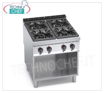 TECHNOCHEF - 4 BURNERS GAS COOKER on OPEN CABINET, mod. G9F4M 4 BURNERS GAS COOKER on OPEN CABINET, BERTOS MAXIMA 900 Line, HIGH POWER Series, thermal power Kw.34,5, Weight 104 Kg, dim.mm.800x900x900h