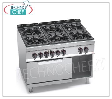 TECHNOCHEF - 6 BURNERS GAS COOKER on ELECTRIC OVEN GN 2/1, Kw.53,5+7,5, mod. G9F6+FE 6 BURNERS GAS RANGE on ELECTRIC OVEN GN 2/1, BERTOS MAXIMA 900 Line, HIGH POWER Series, thermal power Kw 53,5 + Kw 7,5, Weight 210 Kg, dim.mm.1200x900x900h
