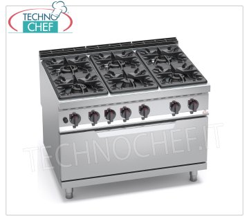 TECHNOCHEF - 6 BURNERS GAS COOKER on GAS OVEN, mod. G9F6+T 6 BURNERS GAS RANGE on GAS OVEN, BERTOS MAXIMA 900 Line, HIGH POWER Series, tot. Kw.65,5, Weight 226 Kg, dim.mm.1200x900x900h