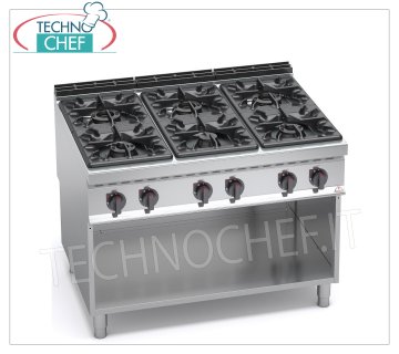 TECHNOCHEF - 6 BURNERS GAS COOKER on OPEN CABINET, mod. G9F6M 6 BURNERS GAS COOKER on OPEN CABINET, BERTOS MAXIMA 900 Line, HIGH POWER Series, thermal power Kw.53,5, Weight 140 Kg, dim.mm.1200x900x900h