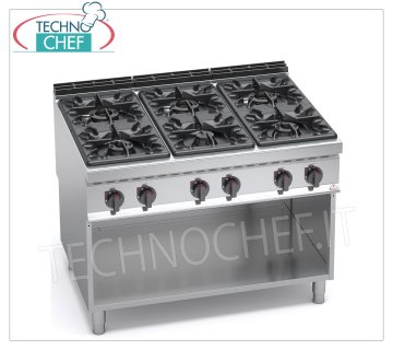 TECHNOCHEF - 6 BURNERS GAS COOKER on OPEN CABINET, mod. G9F6M GAS STOVE 6 BURNERS on OPEN CABINET, BERTOS MAXIMA 900 line, HIGH POWER Series, thermal power Kw.53,5, Weight 140 Kg, dim.mm.1200x900x900h