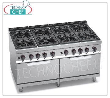 TECHNOCHEF - GAS COOKER 8 BURNERS on 2 GAS OVENS GN 2/1, mod. G9F8+2FG GAS COOKER 8 BURNERS on 2 GN 2/1 GAS OVENS, BERTOS MAXIMA 900 line, HIGH POWER series, total heat output. Kw.84.6, Weight 260 Kg, dim.mm.1600x900x900h