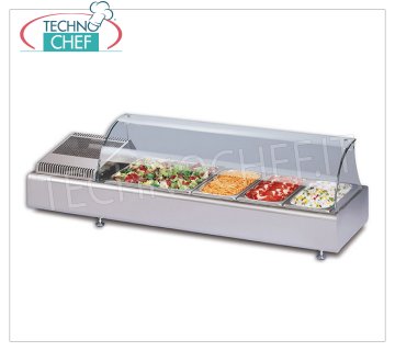 Technochef - REFRIGERATED COUNTER DISPLAY CABINET with CURVED GLASS, temp. + 2 ° / + 10 ° C Refrigerated counter display case with curved glass, tray capacity: all GN formats - H max 100 mm, temperature + 2 ° / + 10 ° C, static refrigeration, V.230 / 1, Kw.0.13, Weight 40 Kg , dim.mm.1023x380x361h