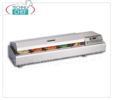 Technochef - COUNTER REFRIGERATED SHOWCASE with CURVED STAINLESS STEEL COVER, temp. + 2 ° / + 10 ° C Refrigerated counter display with curved stainless steel lid, containers capacity: all formats GN - H max 100 mm, temperature + 2 ° / + 10 ° C, static refrigeration, V.230 / 1, Kw.0.13, Weight 40 Kg , dim.mm.1023x380x238h