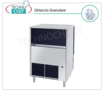 GRANULAR ICE MACHINE from 155 Kg / 24h, DEPOSIT 55 kg Granular ice maker, 55Kg storage, stainless steel exterior, air-cooled, V 230/1, Kw 0,65, yield 155 Kg / 24 hours, dimensions 738x690x1020h mm, weight 94 Kg.