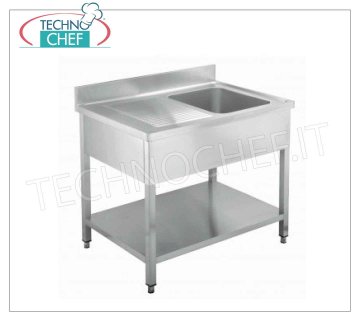 Professional stainless steel sink, 1 bowl, 1 drainer on the left, Linea 600 1 bowl sink, with 1 drainer on the left and lower shelf, dimensions 1000x600x950h mm