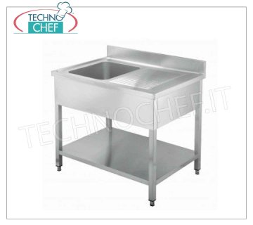 Professional stainless steel sink, 1 bowl, 1 drainer on the right, Line 600 1 bowl sink with right drainer and lower shelf, dimensions 1000x600x850h mm