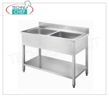 Professional stainless steel sink 2 bowls without drainer, 700 Line 2 bowl sink (50x40x25h cm) without drainer, paneled version with lower shelf, dimensions 1200x700x850h mm