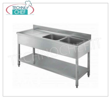 Professional stainless steel sink, 2 bowls with left drainer, Line 600 2 bowl sink with left drainer and lower shelf, dimensions 1600x600x850h mm