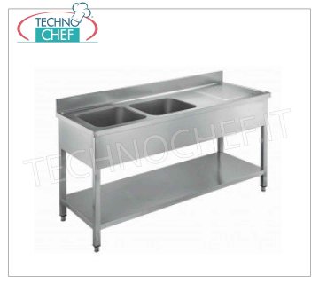 Professional stainless steel sink, 2 bowls with drainer on the right, Line 600 Sink with 2 bowls measuring 500x400x250, with drainer on the right and lower shelf, dimensions 1600x600x950h mm