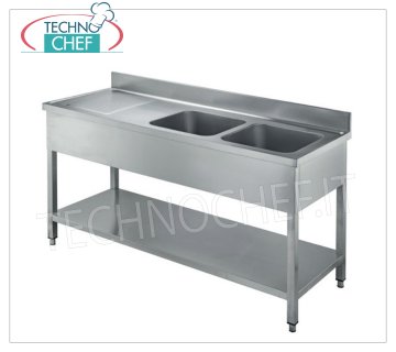 Professional stainless steel sink, 2 bowls with drainer on the left, Line 600 2 bowl sink with drainer on the left and lower shelf, dimensions 1600x600x850h mm