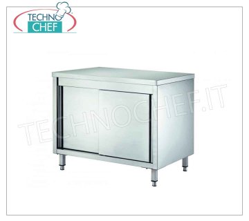 Stainless steel wardrobe table with sliding doors, 60 cm deep, Neutral stainless steel cabinet table with two sliding doors and adjustable intermediate shelf, dim. mm 1000x600x850h