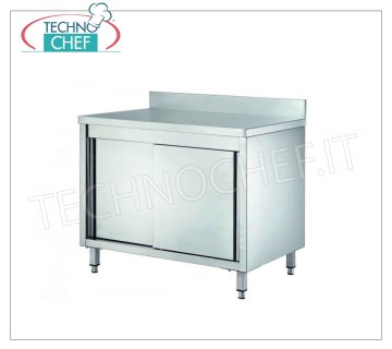 Stainless steel wardrobe table with sliding doors and backsplash, 70 cm deep Neutral stainless steel cabinet table, professional with splashback, sliding doors and adjustable intermediate shelf, dim. mm 1000x700x950h