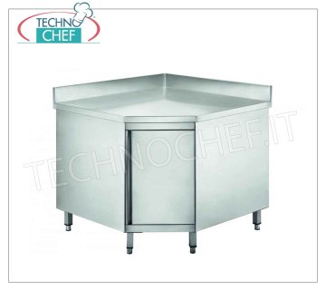 Stainless steel corner cabinet table with hinged door and backsplash, Line 600 Stainless steel corner cabinet table with hinged door and backsplash, Linea 600, dim.mm 900x900x600x950h