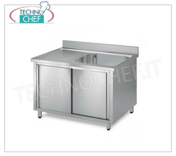 Professional-industrial stainless steel sink with cupboard 1 basin with drainer on the left, Line 700 Sink 1 bowl with drainer on the left in a cupboard version with sliding doors, dimensions 1000x700x850h mm