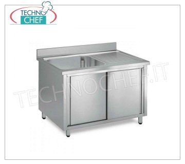 Professional-industrial stainless steel sink with cupboard 1 basin with drainer on the right, Line 700 Sink 1 bowl with drainer on the right in a cupboard version with sliding doors, dimensions 1000x700x850h mm