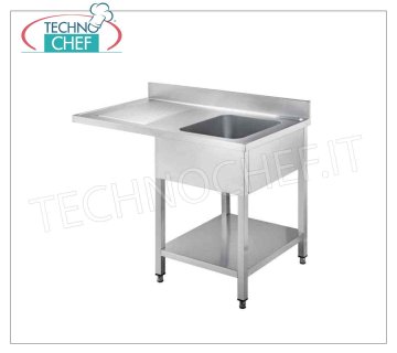 Professional stainless steel sink, 1 bowl, 1 cantilevered drainer on the left, Linea 700 1 bowl sink (mm 400x500x250h) with 1 cantilevered drip tray on the left for dishwasher insertion, version on legs with shelf, dimensions 1200x700x950h mm