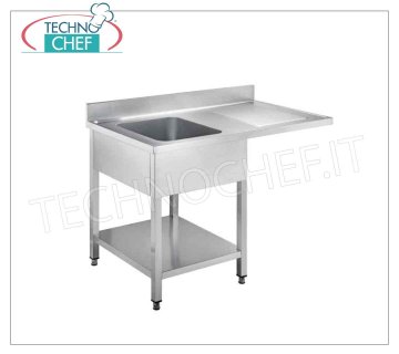 Professional-industrial stainless steel sink 1 bowl, 1 draining board on the right, Line 700 Sink 1 bowl (mm 500x500x300h) with 1 RIGHT-HAND DRYING DRIP for dishwasher insertion, version on legs with shelf, dimensions mm 1200x700x850h