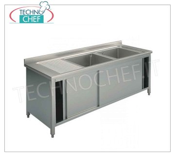 Professional-industrial stainless steel sink 2 bowls with drainer on the left, Line 700 2 bowl sink with drainer on the left in a cupboard version with sliding doors, dimensions 1400x700x850h mm