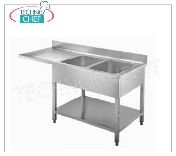 Professional stainless steel sink 2 bowls with cantilevered left drainer, 700 Line Sink 2 bowls (mm 400x500x300h) with 1 DRAIN PAN ON THE LEFT HANGING for dishwasher insertion, version on legs with shelf, dimensions 1600x700x850h mm