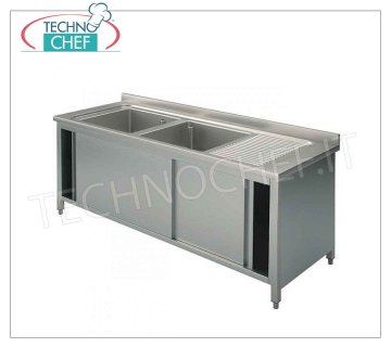 Professional-industrial stainless steel sink 2 bowls with drip on the right, Line 700 2 bowl sink with drip on the right in a cupboard version with sliding doors, dimensions 1400x700x850h mm