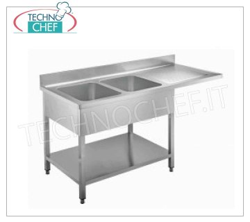 Professional stainless steel sink 2 bowls with cantilevered drainer on the right, Line 700 2 bowl sink (mm 400x500x300h) with 1 CANTILEVER DRIPPER ON THE RIGHT for dishwasher insertion, version on legs with shelf, dimensions 1600x700x850h mm