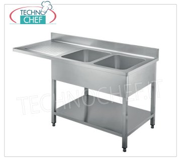 Professional 2-bowl stainless steel sink with cantilevered drainer on the left, Line 700 2-bowl sink (mm 500x400x250h) with 1 cantilevered drip tray on the left for dishwasher installation, version on legs with shelf, dimensions 1600x700x950h mm