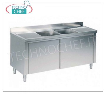 Professional stainless steel sink with 2 bowls and 2 drainers, 700 line Cabinet sink with 2 CENTRAL basins (cm. 50x50x30h), 2 drainers and sliding doors, dimensions mm. 2000x700x950h.