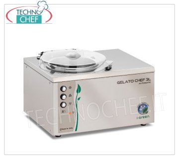 Stainless steel semi-professional batch freezer, Chef I-Green series, 3 liter capacity, mod.GELATOCHEF3LAUTOMATIC Semi-professional countertop batch freezer for ice cream and sorbet, air cooling, body and blade in stainless steel, production 3.0 litres/h, cycle duration 20-25 min, V.230/1, kw 0.16, weight 15.6 Kg, dimensions mm 400x345x310h
