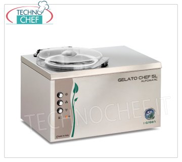 Semi-professional stainless steel batch freezer, Chef I-Green series, Capacity 4.5 liters, mod.GELATOCHEF5LAUTOMATIC Semi-professional countertop batch freezer for ice cream and sorbet, air cooling, body and blade in stainless steel, production 4.5 litres/h, cycle duration 20-25 min, V.230/1, kw 0.25, weight 22 kg, dimensions mm 450x345x330h