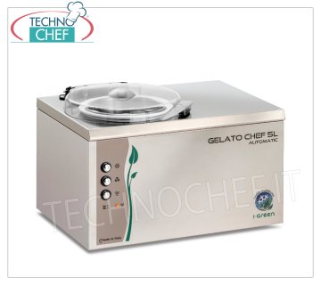 Semi-professional stainless steel batch freezer, Chef I-Green Series, 4.5 lt capacity, mod. GELATOCHEF5LAUTOMATIC Semi-professional countertop batch freezer for ice cream and sorbet, air cooling, stainless steel body and blade, production 4.5 litres/h, cycle duration 20-25 min, V.230/1, kw 0.25, weight 22 kg, dimensions 450x345x330h mm