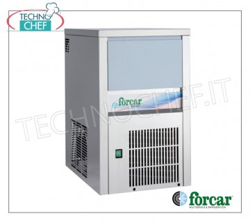 FORCAR - ICE MAKER in FULL CUBES, yield 20 kg/24 hours, 6 kg storage, Professional Full cube ice maker-maker, 6 kg storage, stainless steel exterior, air cooling, V 230/1, 0.32 kW, yield 20 kg/24 hours, dimensions 355x404x590 h mm, weight 28 kg.