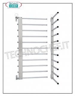 Folding wall-mounted pizza-pastry tray with pegs, Stainless steel wall tray holder, capacity 11 trays also of non-standard dimensions, Net pitch between Tray and Tray: 80 mm, with hinges to rotate it along the wall when unloaded, dim. mm 490x410x830h