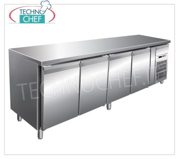 Forcar - Refrigerated Refrigerated Table 4 Doors, Temp. -2 ° / + 8 ° C, lt. 553, Ventilated, Class C, G-GN4100TN Refrigerated counter table 4 DOORS and neutral drawer, Professional, capacity 553 liters, temperature -2 ° / + 8 ° C, ventilated refrigeration, Gastronorm 1/1, ECOLOGICAL in Class C, Gas R290, V.230 / 1, Kw.0 , 26, Weight 153 Kg, dim.mm.2230x700x8600h